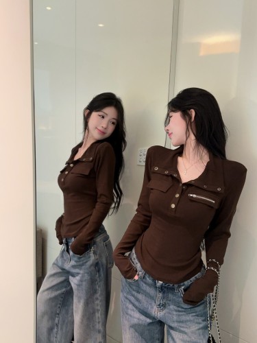 Photographed!! Stand collar false pocket base shirt winter design unique slim fit long sleeve top