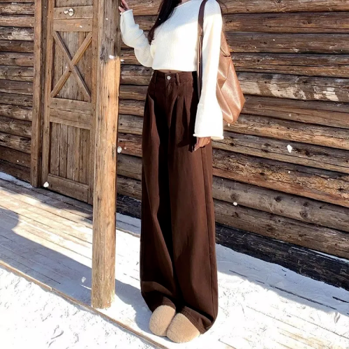 American Style Folded Khaki Wide Leg Denim Pants for Women 2025 Winter New High-Waisted Slimming Loose Straight Leg Ground-Long Pants