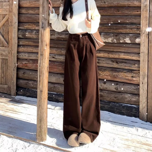 American Style Folded Khaki Wide Leg Denim Pants for Women 2025 Winter New High-Waisted Slimming Loose Straight Leg Ground-Long Pants