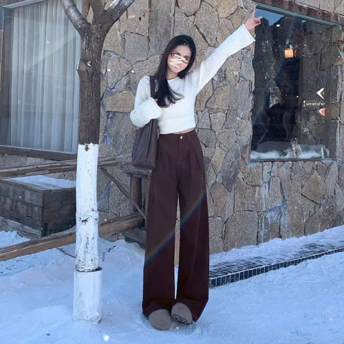 American Style Folded Khaki Wide Leg Denim Pants for Women 2025 Winter New High-Waisted Slimming Loose Straight Leg Ground-Long Pants
