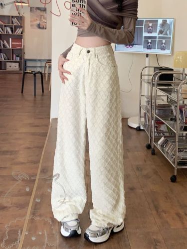 Chic design sense, small fragrance style, patterned floral, cream-colored straight-leg jeans for women, winter high-waisted, slimming long pants