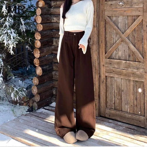 American Style Folded Khaki Wide Leg Denim Pants for Women 2025 Winter New High-Waisted Slimming Loose Straight Leg Ground-Long Pants