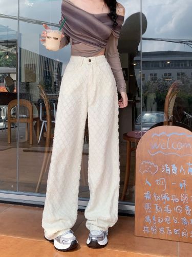 Chic design sense, small fragrance style, patterned floral, cream-colored straight-leg jeans for women, winter high-waisted, slimming long pants