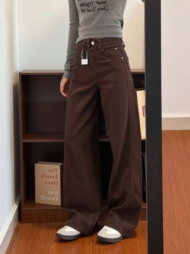 American Retro Coffee Brown Women's Jeans 2025 Winter New Pear Shape Straight Leg Ultra Slim Wide Leg Pants