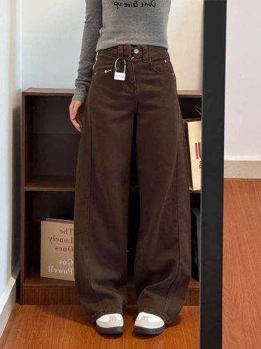 American Retro Coffee Brown Women's Jeans 2025 Winter New Pear Shape Straight Leg Ultra Slim Wide Leg Pants