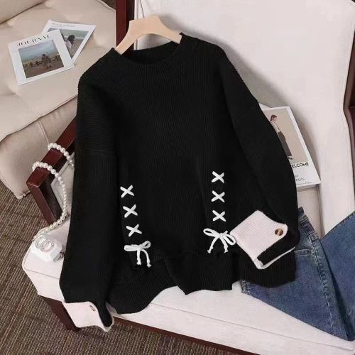 Round-neck Plus-size Loose Lazy New Top Sweater Korean-style Autumn/Winter Bow Design Thickened Base Knitwear
