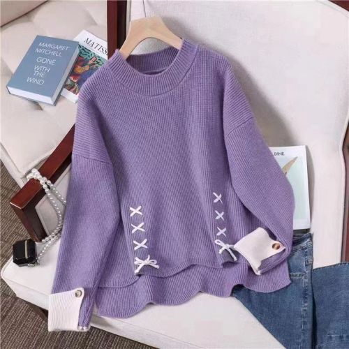 Round-neck Plus-size Loose Lazy New Top Sweater Korean-style Autumn/Winter Bow Design Thickened Base Knitwear