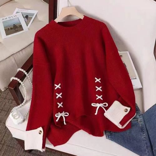 Round-neck Plus-size Loose Lazy New Top Sweater Korean-style Autumn/Winter Bow Design Thickened Base Knitwear