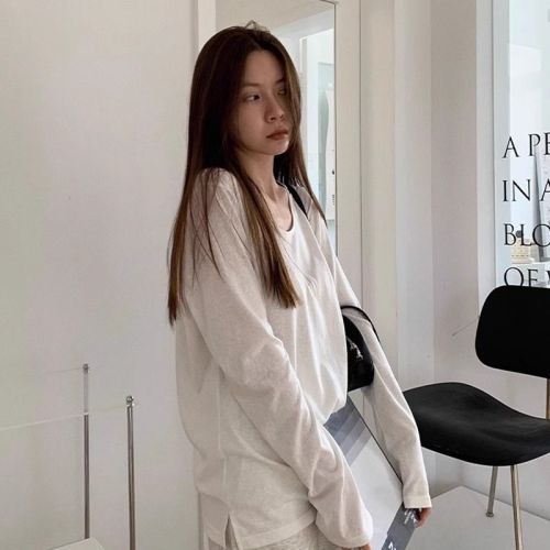 Official Image 26-ply Pure Cotton 100% Cotton Autumn Long Sleeve T-shirt for Women, Sheer Solid Color Loose Top