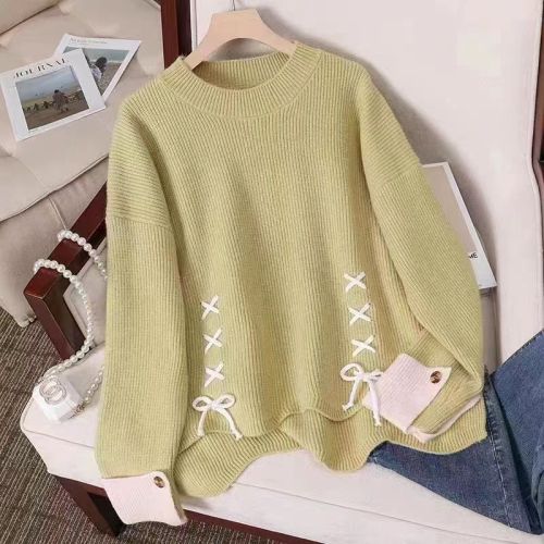 Round-neck Plus-size Loose Lazy New Top Sweater Korean-style Autumn/Winter Bow Design Thickened Base Knitwear
