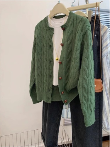 Green Bear Soft Cotton Yarn Ribbed Crew Neck Knit Cardigan Women Spring Autumn Loose Wool Sweatshirt Outerwear Lazy Early Autumn Top