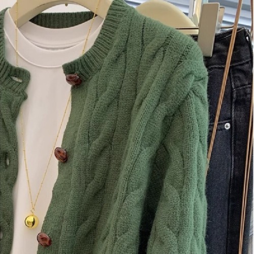 Green Bear Soft Cotton Yarn Ribbed Crew Neck Knit Cardigan Women Spring Autumn Loose Wool Sweatshirt Outerwear Lazy Early Autumn Top