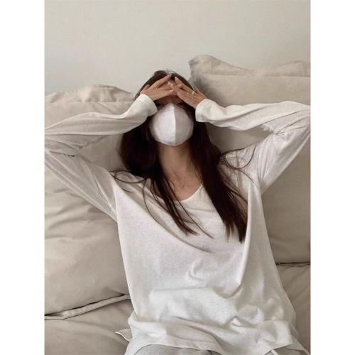 Official Image 26-ply Pure Cotton 100% Cotton Autumn Long Sleeve T-shirt for Women, Sheer Solid Color Loose Top