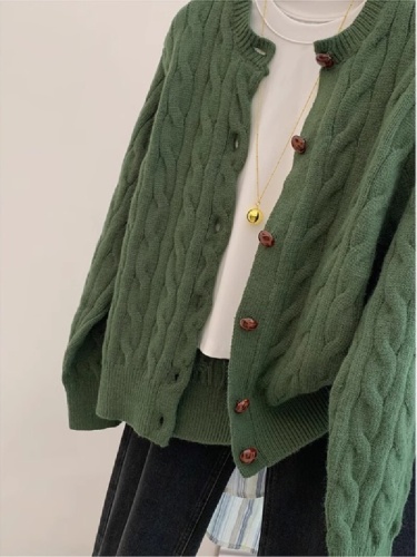 Green Bear Soft Cotton Yarn Ribbed Crew Neck Knit Cardigan Women Spring Autumn Loose Wool Sweatshirt Outerwear Lazy Early Autumn Top