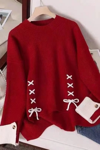 Round-neck Plus-size Loose Lazy New Top Sweater Korean-style Autumn/Winter Bow Design Thickened Base Knitwear