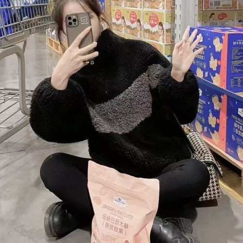 Women's Winter 2025 New Thick Fleece Outerwear Imitating Lamb Fur Color-blocked Short Coat Loose Overcoat