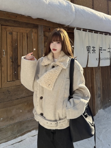 Shot Korean-style atmosphere-felt cinched waist double-breasted overcoat for women winter lined warm loose short cotton coat trendy
