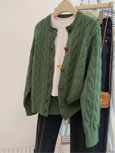 Green Bear Soft Cotton Yarn Ribbed Crew Neck Knit Cardigan Women Spring Autumn Loose Wool Sweatshirt Outerwear Lazy Early Autumn Top