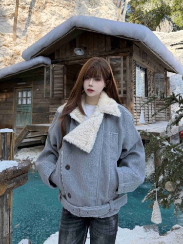 Shot Korean-style atmosphere-felt cinched waist double-breasted overcoat for women winter lined warm loose short cotton coat trendy