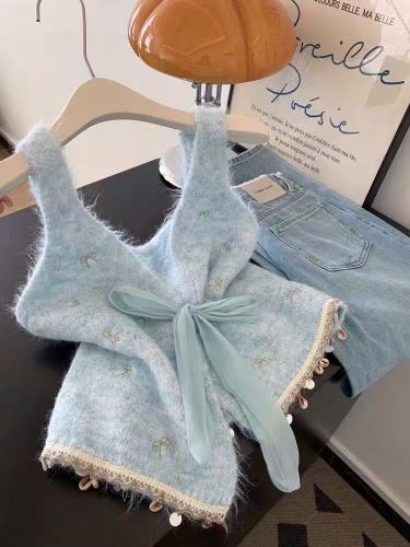 Elegantly showcases temperament~ French-style heavy-duty embroidery butterfly bow embellished knit vest for women, autumn layering sleeveless kimono