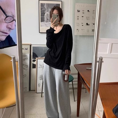 Official Image 26-ply Pure Cotton 100% Cotton Autumn Long Sleeve T-shirt for Women, Sheer Solid Color Loose Top