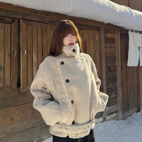 Shot Korean-style atmosphere-felt cinched waist double-breasted overcoat for women winter lined warm loose short cotton coat trendy