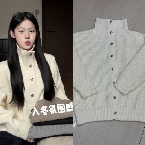 Korean-style outfit: high-neck sweater cardigan jacket for women, 2025 fall/winter new arrival—super stylish and effortlessly chic knitted top.
