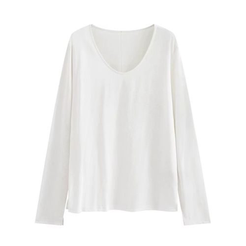 Official Image 26-ply Pure Cotton 100% Cotton Autumn Long Sleeve T-shirt for Women, Sheer Solid Color Loose Top