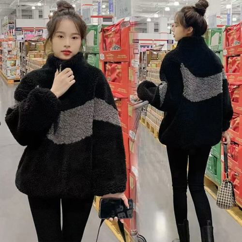 Women's Winter 2025 New Thick Fleece Outerwear Imitating Lamb Fur Color-blocked Short Coat Loose Overcoat