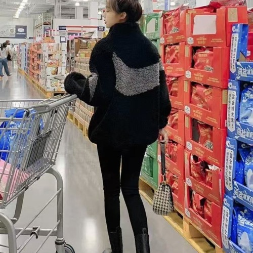 Women's Winter 2025 New Thick Fleece Outerwear Imitating Lamb Fur Color-blocked Short Coat Loose Overcoat