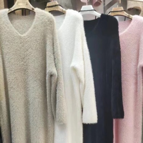 2025 Autumn/Winter New Arrival Mink Velvet Loose Over-Knee Long Sweater Dress Women's Knitted Base Layer Dress