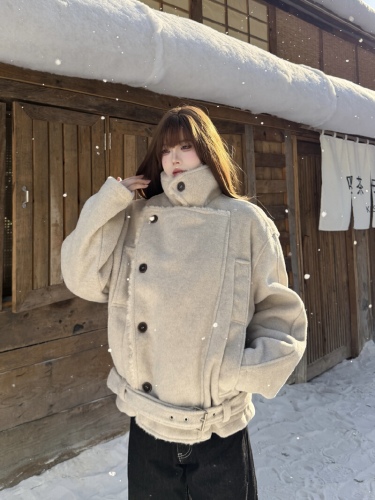 Shot Korean-style atmosphere-felt cinched waist double-breasted overcoat for women winter lined warm loose short cotton coat trendy