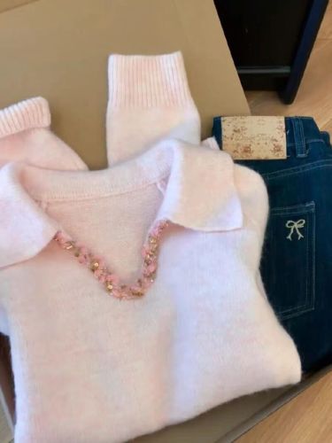 Sweet Style Collared Knit Sweater for Women - Winter Long Sleeve Design-Focused Pink Top
