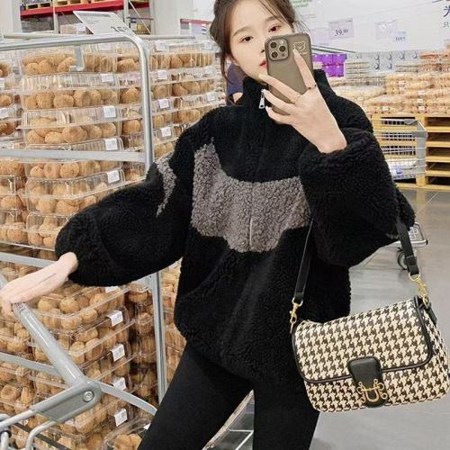Women's Winter 2025 New Thick Fleece Outerwear Imitating Lamb Fur Color-blocked Short Coat Loose Overcoat