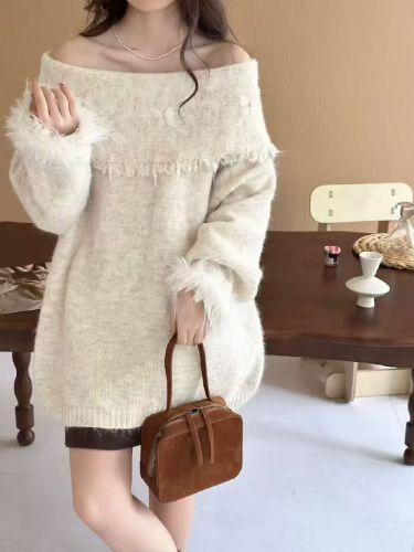Korean-style grey fuzzy sleeve bow tie one-shoulder sweater for women, autumn and winter lazy style knitwear, unique off-shoulder top