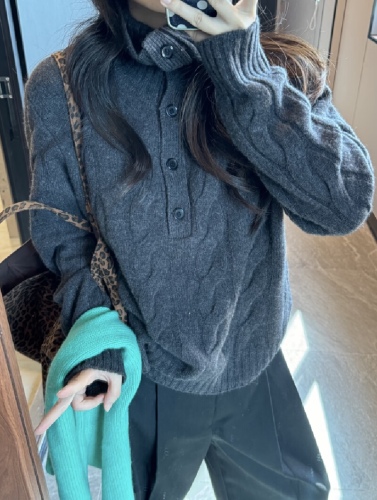 Grey Cable-Knit High-Neck Long-Sleeve Women's Cardigan Sweater for Autumn/Winter Loose Fit Casual and Stylish Knit Top Trendy