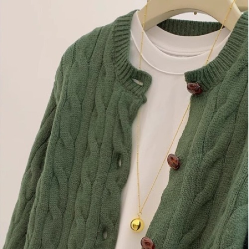 Green Bear Soft Cotton Yarn Ribbed Crew Neck Knit Cardigan Women Spring Autumn Loose Wool Sweatshirt Outerwear Lazy Early Autumn Top