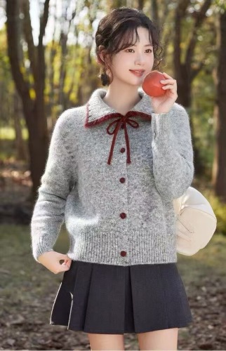 Korean Color Block Collar Belted Knit Sweater for Women 2025 Winter New Arrival Petite Long Sleeve Knit Cardigan Top