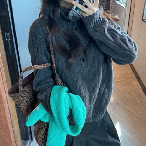 Grey Cable-Knit High-Neck Long-Sleeve Women's Cardigan Sweater for Autumn/Winter Loose Fit Casual and Stylish Knit Top Trendy