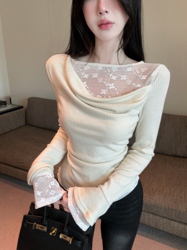 Real shot!! Collar-flouncing spliced lace faux two-piece flared long-sleeved top