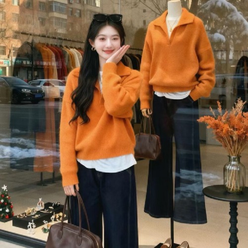 Lazy, high-end, vintage-style turtleneck pullover sweater for women—autumn/winter new design, soft, fluffy, loose-fitting knitted top.