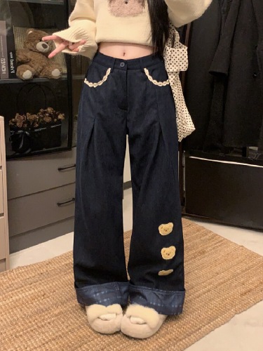 Hand-painted Sweet Retro Brown Bear Embroidered Casual Pants for Women Autumn and Winter Thicker Lined Hemming Splicing Loose Wide Leg Pants