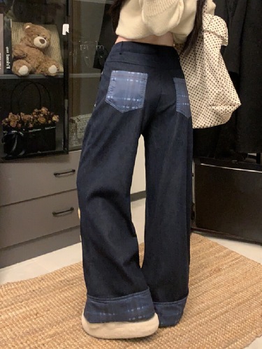 Hand-painted Sweet Retro Brown Bear Embroidered Casual Pants for Women Autumn and Winter Thicker Lined Hemming Splicing Loose Wide Leg Pants