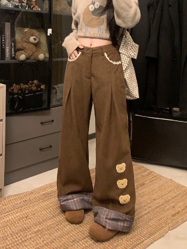 Hand-painted Sweet Retro Brown Bear Embroidered Casual Pants for Women Autumn and Winter Thicker Lined Hemming Splicing Loose Wide Leg Pants