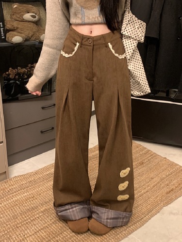 Hand-painted Sweet Retro Brown Bear Embroidered Casual Pants for Women Autumn and Winter Thicker Lined Hemming Splicing Loose Wide Leg Pants