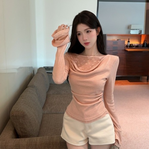 Real shot!! Collar-flouncing spliced lace faux two-piece flared long-sleeved top