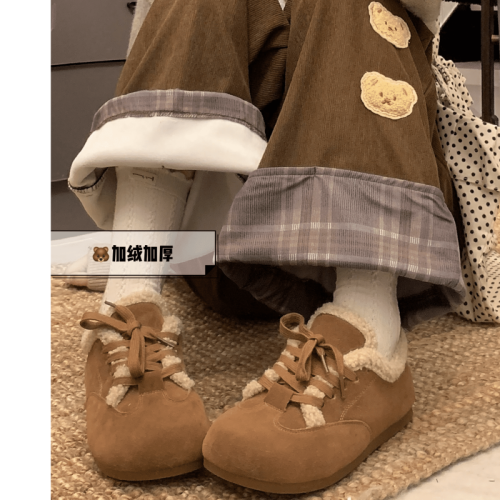 Hand-painted Sweet Retro Brown Bear Embroidered Casual Pants for Women Autumn and Winter Thicker Lined Hemming Splicing Loose Wide Leg Pants