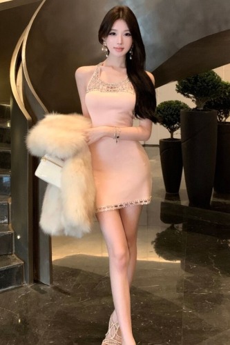 Photographed Hot Girl Party Elegance Sexy Heavy Industry Diamond-Studded Short Skirted Dress