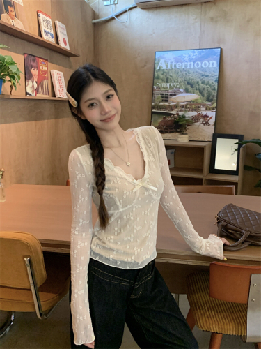 Real-shot, genuine, ultra-sexy spicy girl—bow-knot V-neck lace pants top, women's short bottoming shirt, long-sleeved T-shirt.