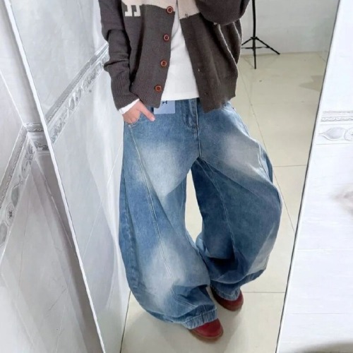 2025 American Retro Washed Bended Knife Wide Leg Jeans for Women Loose High-Waist Slim Straight Leg Pants Casual Long Pants